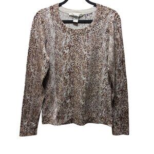 Diane Von Furstenberg Womens Long Sleeve Leopard Print Metallic Top Size L